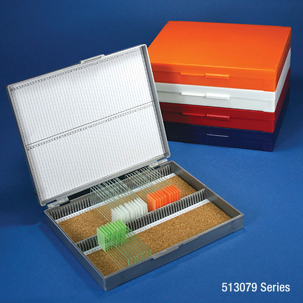 Globe Scientific Slide Box for 100 Slides, Cork Lined, 5 Assorted Colors (Gray, Blue, Dark Gray, Orange and White) Image